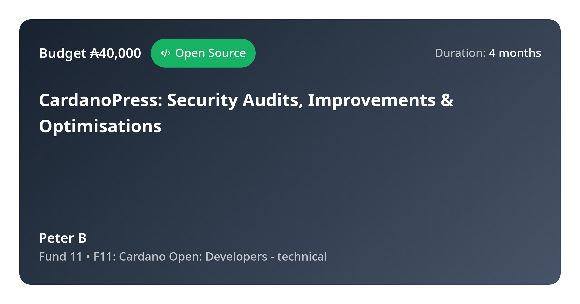 CardanoPress: Security Audits, Improvements & Optimisations - Proposal -  CatalystExplorer